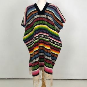 Vintage 70s Serape Mexican Woven Blanket Poncho wi